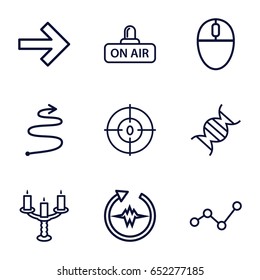 Curve icons set. set of 9 curve outline icons such as open air, dna, candlestick, curved arrow, heartbeat, forward, mouse