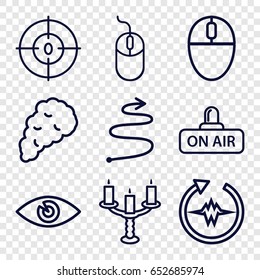 Curve icons set. set of 9 curve outline icons such as mouse, eye, open air, dna, candlestick, smoke, curved arrow