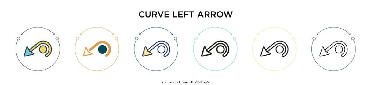 Curve left arrow icon in filled, thin line, outline and stroke style. Vector illustration of two colored and black curve left arrow vector icons designs can be used for mobile, ui, web