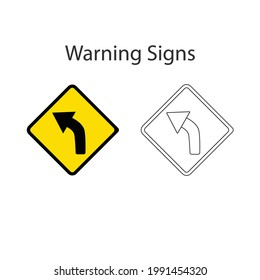 Curve left sign of roadway splits 2 style, Yellow vector illustration and hand drawing on white background.