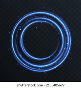 Efecto de la luz de curva de la línea azul. Círculo azul luminoso o torrente. La luz difusa de la traza de la bengala de fuego o las partículas mágicas de brillo brillan. Neon rizos en movimiento, girando. Pista de anillo de energía eléctrica brillante. Vector