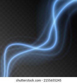 Krümmt den Lichteffekt der blauen Linie. Leichte oder neonblaue Linie schwirl glitzernd. Dynamische blaue Linien, Wellen mit Bokeh-Effekt. Leuchtende, wirbelnde Spur mit Funken. Glatte Wellen der Energie. Vektorgrafik