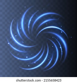 Efecto de la luz de curva de la línea azul. Círculo azul luminoso o torrente. La luz difusa de la traza de la bengala de fuego o las partículas mágicas de brillo brillan. Neon rizos en movimiento, girando. Pista de anillo de energía eléctrica brillante. Vector