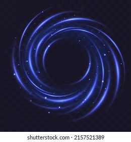 Curve light effect of blue line. Luminous blue circle or twirl. Glitter light of fire flare trace or magic glitter particles sparkles. Neon moving curls, swirl. Power energy glowing ring trail. Vector