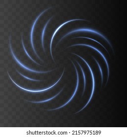 Curve light effect of blue line. Luminous blue circle or twirl. Glitter light of fire flare trace or magic glitter particles sparkles. Neon moving curls, swirl. Power energy glowing ring trail. Vector