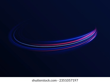 Curve light effect of blue line, purple laser beam. Abstract vector motion twist. Realistic neon pink, line speed with reflections. Neon laser color wave swirl. Electric wavy trail. Light effect png. 