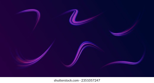 Curve light effect of blue line, purple laser beam. Abstract vector motion twist. Realistic neon pink, line speed with reflections. Neon laser color wave swirl. Electric wavy trail. Light effect png. 