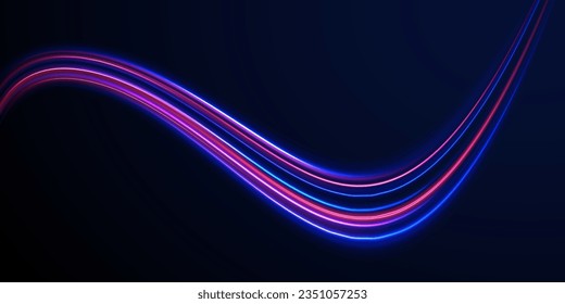 Curve light effect of blue line, purple laser beam. Abstract vector motion twist. Realistic neon pink, line speed with reflections. Neon laser color wave swirl. Electric wavy trail. Light effect png. 