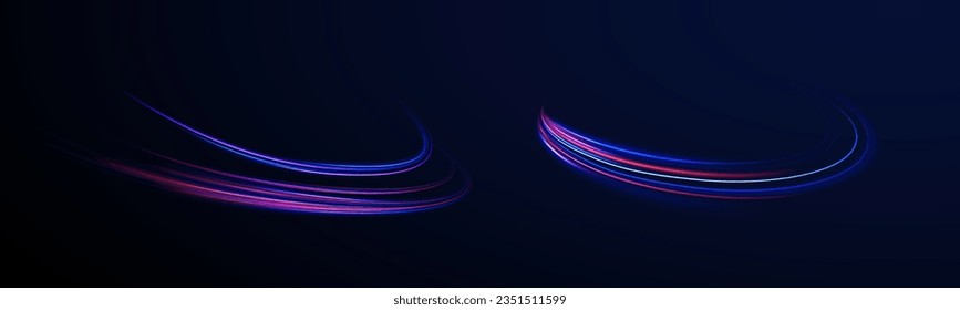 Kurven Lichteffekt der blauen Linie, violetter Laserstrahl. Abstrakte Vektorbewegungsdrehung. Realistisches Neonrosa, Liniengeschwindigkeit mit Spiegelungen. Neonlaserfarbenwelle wirbelt. Elektrischer Wavy-Trail. Lichteffekt png. 