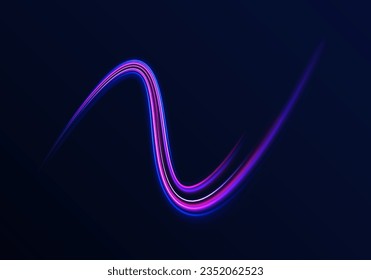 Curve light effect of blue line, purple laser beam. Abstract vector motion twist. Realistic neon pink, line speed with reflections. Neon laser color wave swirl. Electric wavy trail. Light effect png. 