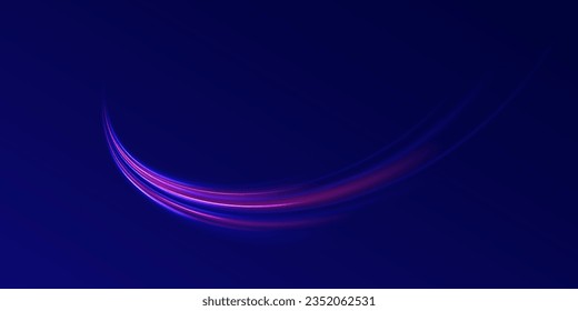 Curve light effect of blue line, purple laser beam. Abstract vector motion twist. Realistic neon pink, line speed with reflections. Neon laser color wave swirl. Electric wavy trail. Light effect png. 