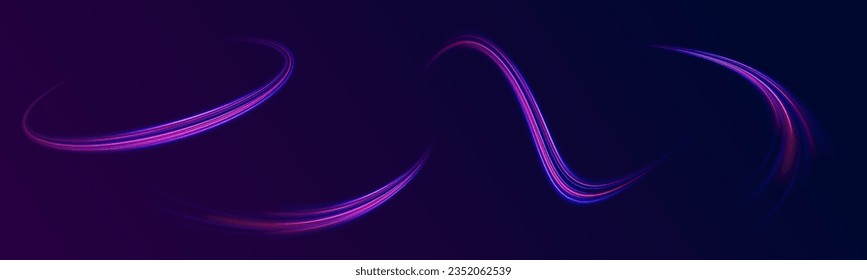 Curve light effect of blue line, purple laser beam. Abstract vector motion twist. Realistic neon pink, line speed with reflections. Neon laser color wave swirl. Electric wavy trail. Light effect png. 