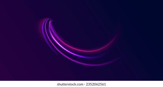 Curve light effect of blue line, purple laser beam. Abstract vector motion twist. Realistic neon pink, line speed with reflections. Neon laser color wave swirl. Electric wavy trail. Light effect png. 
