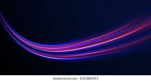 Curve light effect of blue line, purple laser beam. Abstract vector motion twist. Realistic neon pink, line speed with reflections. Neon laser color wave swirl. Electric wavy trail. Light effect png. 