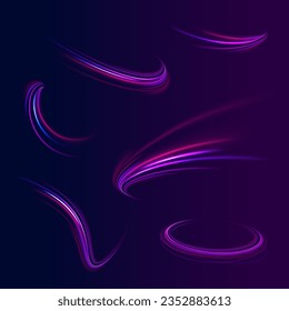 Curve light effect of blue line, purple laser beam. Abstract vector motion twist. Realistic neon pink, line speed with reflections. Neon laser color wave swirl. Electric wavy trail. Light effect png. 