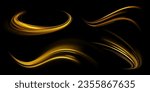 Curve light effect of golden line. Abstract neon motion glowing wavy lines. Light gold Twirl. Shiny wavy trail. Luminous orange, yellow circle.	Abstract neon motion glowing wavy vector lines. 
