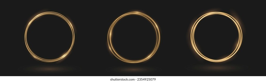 Curve light effect of golden line. Luminous golden swirl. Modern magic witchcraft circle with runes. Ethereal fire portal sign with strange flame spark. Luminous trail effect. Vector illustration
