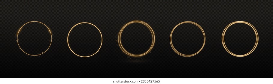 Curve light effect of golden line. Luminous golden swirl. Modern magic witchcraft circle with runes. Ethereal fire portal sign with strange flame spark. Luminous trail effect. Vector illustration