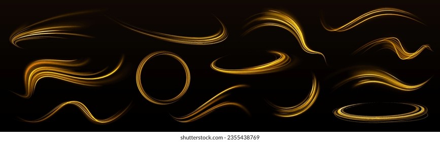 Curve light effect of golden line. Abstract neon motion glowing wavy lines. Light gold Twirl. Shiny wavy trail. Luminous orange, yellow circle.	Abstract neon motion glowing wavy vector lines. 