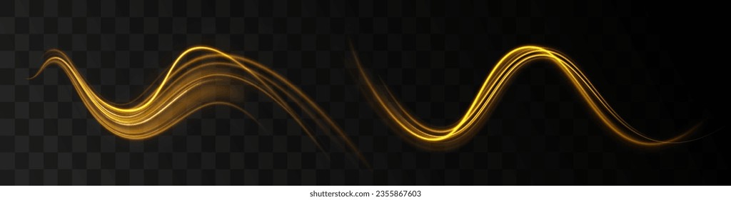 Curve light effect of golden line. Abstract neon motion glowing wavy lines. Light gold Twirl. Shiny wavy trail. Luminous orange, yellow circle.	Abstract neon motion glowing wavy vector lines. 