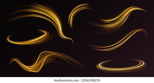 Curve light effect of golden line. Abstract neon motion glowing wavy lines. Light gold Twirl. Shiny wavy trail. Luminous orange, yellow circle.	Abstract neon motion glowing wavy vector lines. 