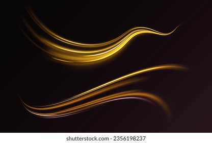 Efecto de la luz de curva de la línea dorada. Resumen de las líneas ondulantes onduladas. Toro de oro claro. Sendero ondulado brillante. Naranja luminosa, círculo amarillo.	Resumen de las líneas vectoriales ondulantes de movimiento de neón. 