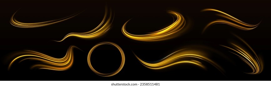 Curve light effect of golden line. Abstract neon motion glowing wavy lines. Light gold Twirl. Shiny wavy trail. Luminous orange, yellow circle.	Abstract neon motion glowing wavy vector lines. 