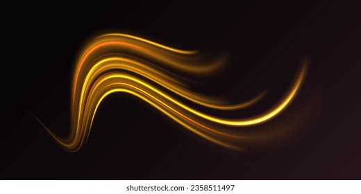 Curve light effect of golden line. Abstract neon motion glowing wavy lines. Light gold Twirl. Shiny wavy trail. Luminous orange, yellow circle.	Abstract neon motion glowing wavy vector lines. 