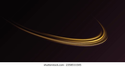 Curve light effect of golden line. Abstract neon motion glowing wavy lines. Light gold Twirl. Shiny wavy trail. Luminous orange, yellow circle.	Abstract neon motion glowing wavy vector lines. 