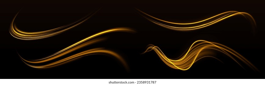 Curve light effect of golden line. Abstract neon motion glowing wavy lines. Light gold Twirl. Shiny wavy trail. Luminous orange, yellow circle.	Abstract neon motion glowing wavy vector lines. 