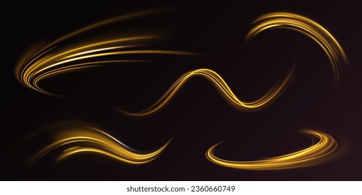 Curve light effect of golden line. Abstract neon motion glowing wavy lines. Light gold Twirl. Shiny wavy trail. Luminous orange, yellow circle.	Abstract neon motion glowing wavy vector lines. 