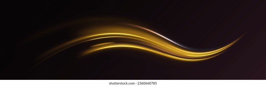 Curve light effect of golden line. Abstract neon motion glowing wavy lines. Light gold Twirl. Shiny wavy trail. Luminous orange, yellow circle.	Abstract neon motion glowing wavy vector lines. 