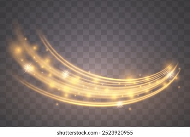 Efecto de luz de curva de línea dorada. Efectos de luz, ondas. Partículas de oro mágicas doradas y brillantes aisladas sobre un fondo transparente.