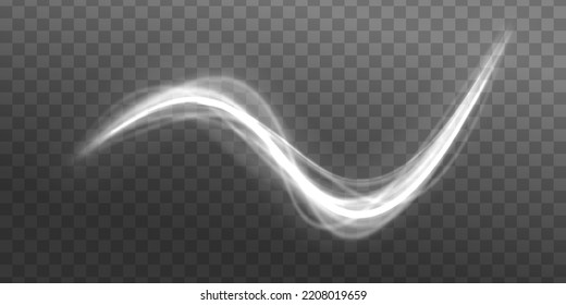 Curve light effect of motion wave. Dynamic white trail, fire path trace line, car lights, optic fiber and incandescence curve twirl. Sparkling translucent comet bokeh. Neon vector speed flying trails 