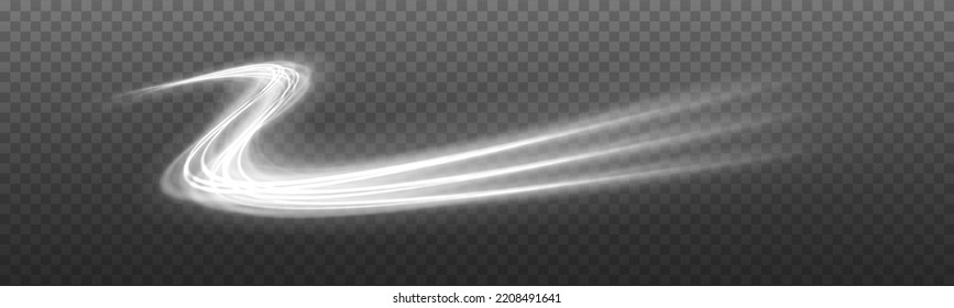 Efecto de la luz de curva de la onda de movimiento. Rastro blanco dinámico, línea de trazos de trayectoria de fuego, luces de auto, fibra óptica y giro de la curva de incandescencia. Un bokeh de cometas traslúcido. Senderos voladores de velocidad del vector neón 