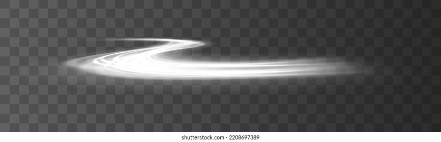 Curve light effect of motion wave. Dynamic white trail, fire path trace line, car lights, optic fiber and incandescence curve twirl. Sparkling translucent comet bokeh. Neon vector speed flying trails 