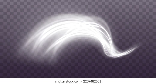 Curve light effect of motion wave. Dynamic white trail, fire path trace line, car lights, optic fiber and incandescence curve twirl. Sparkling translucent comet bokeh. Neon vector speed flying trails 