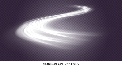 Curve light effect of motion wave. Dynamic white trail, fire path trace line, car lights, optic fiber and incandescence curve twirl. Sparkling translucent comet bokeh. Neon vector speed flying trails 