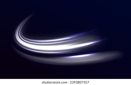 Curve light effect of motion wave. Dynamic white trail, fire path trace line, car lights, optic fiber and incandescence curve twirl. Sparkling translucent comet bokeh.