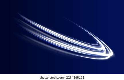 Curve light effect of motion wave. Dynamic white trail, fire path trace line, car lights, optic fiber and incandescence curve twirl. Sparkling translucent comet bokeh.