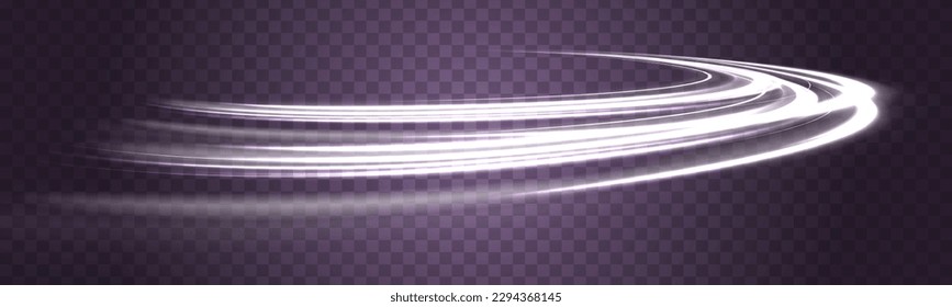 Efecto de la luz de curva de la onda de movimiento. Rastro blanco dinámico, línea de trazos de trayectoria de fuego, luces de auto, fibra óptica y giro de la curva de incandescencia. Un bokeh de cometas traslúcido.