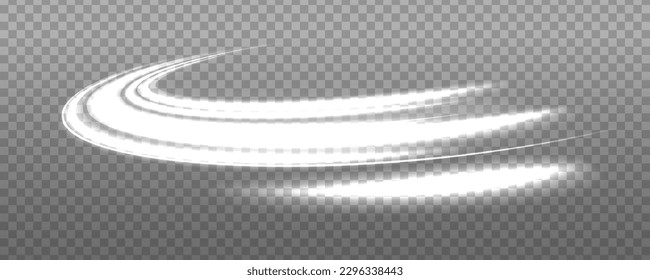 Curve light effect of motion wave. Dynamic white trail, fire path trace line, car lights, optic fiber and incandescence curve twirl. Sparkling translucent comet bokeh.