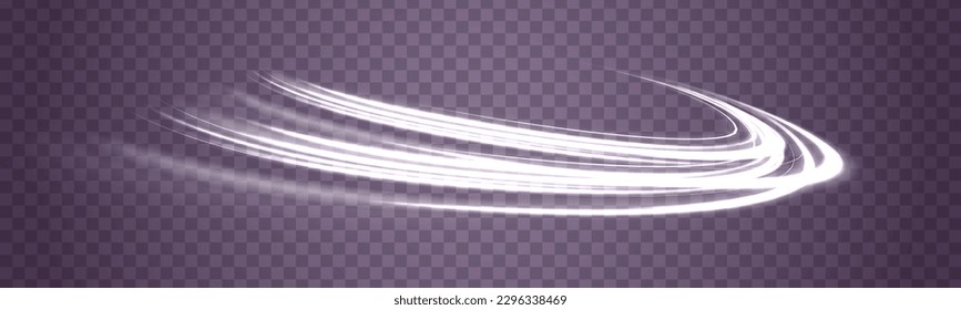 Curve light effect of motion wave. Dynamic white trail, fire path trace line, car lights, optic fiber and incandescence curve twirl. Sparkling translucent comet bokeh.