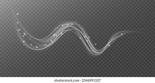 Curve light effect of motion wave. Dynamic white trail, fire path trace line, car lights, optic fiber and incandescence curve twirl. Sparkling translucent comet bokeh. Neon vector speed flying trails