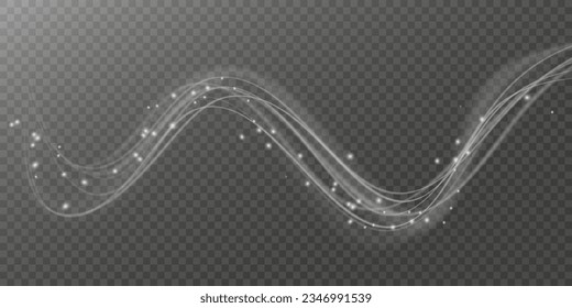 Curve light effect of motion wave. Dynamic white trail, fire path trace line, car lights, optic fiber and incandescence curve twirl. Sparkling translucent comet bokeh. Neon vector speed flying trails