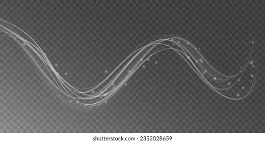 Curve light effect of motion wave. Dynamic white trail, fire path trace line, car lights, optic fiber and incandescence curve twirl. Sparkling translucent comet bokeh. Neon vector speed flying trails