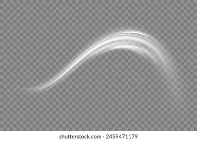 Curve light effect of motion wave. Dynamic white trail, fire path trace line, car lights, optic fiber and incandescence curve twirl. Sparkling translucent comet bokeh. Neon vector speed flying trails