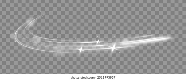 Efeito de luz de curva da onda de movimento. Trilha branca dinâmica, linha de traçado do caminho do fogo, luzes do carro, fibra óptica e giro da curva de incandescência. Bokeh de cometa translúcido cintilante. Trilhas voadoras com velocidade vetorial de néon	