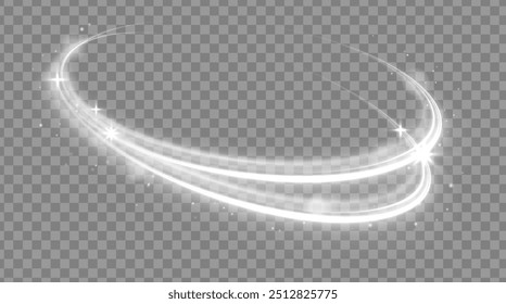 Curve light effect of motion wave. Dynamic white trail, fire path trace line, car lights, optic fiber and incandescence curve twirl. Sparkling translucent comet bokeh. Neon vector speed flying trails	