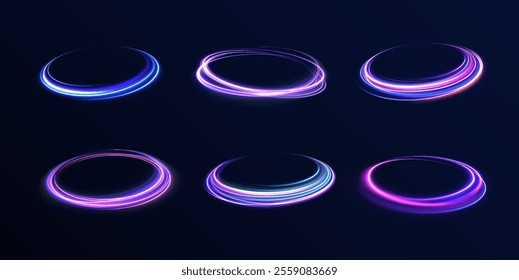 Curve light effect of neon line. Png luminous neon circle. Light neon pedistal, podium, platform, table. To center a bright flash, png, effect, wave,neon,line.